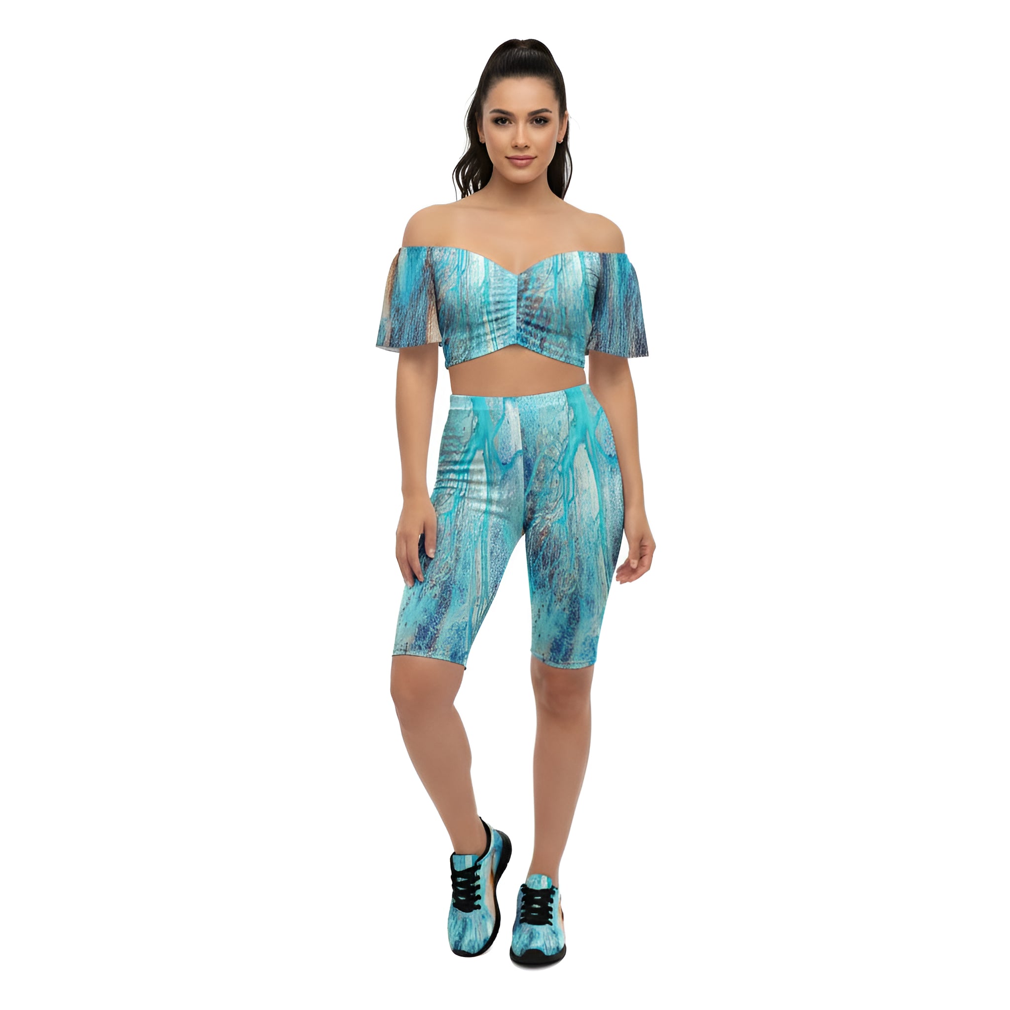 Turquoise abstract low-top women's sneakers with patterned upper and white EVA sole — product detail