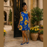 Sleeveless A-line dress in sunflower blue floral print with side pockets — product detail