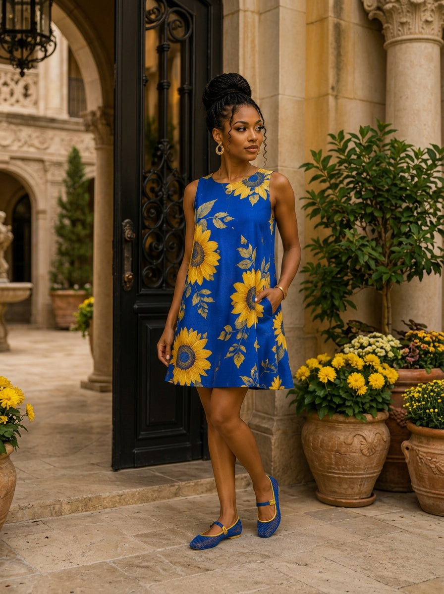 A Rich and Rich Sunflower Blue Sleeveless A-Line Pocket Dress