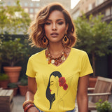 White women's deep V t-shirt with 'Woman Rose' design and slim, longer fit — additional view 7