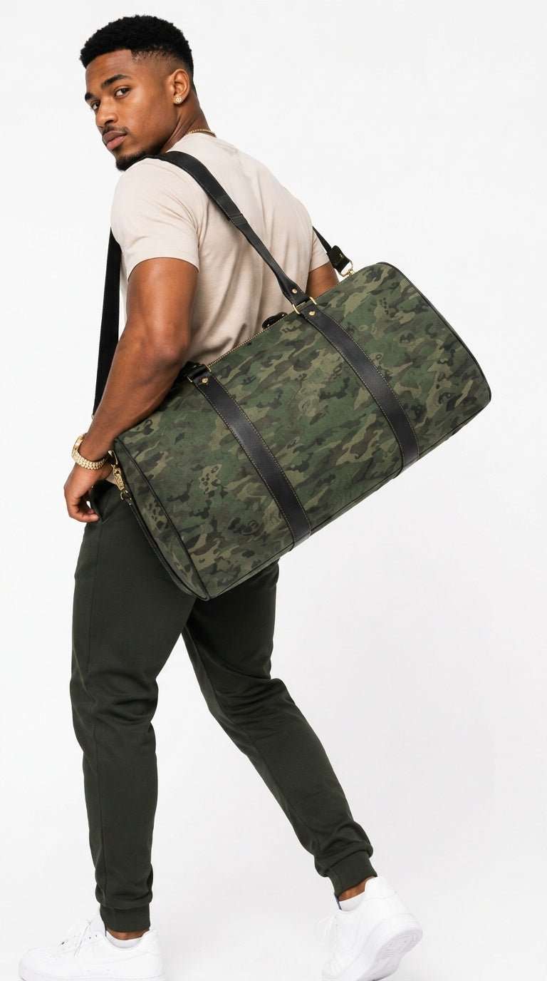 Camouflage woodland nylon weekender bag with PU leather handles and adjustable shoulder strap — additional view 7