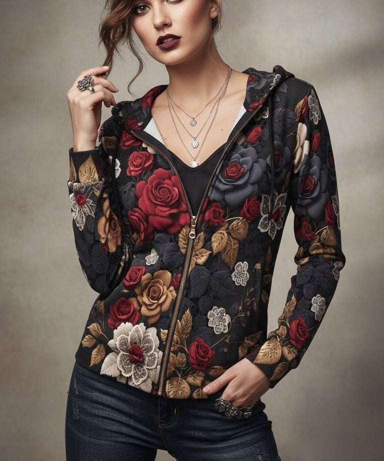 Women's red full-zip hoodie with autumn floral print, taped neck and shoulders