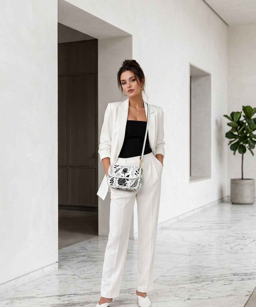 White shoulder handbag with black rose floral line-art, gold chain detail, and magnetic flap — alternate view