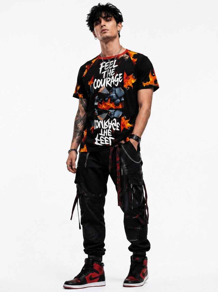 Black men's t-shirt with 'Courage' design, rounded ribbed neckline and relaxed fit