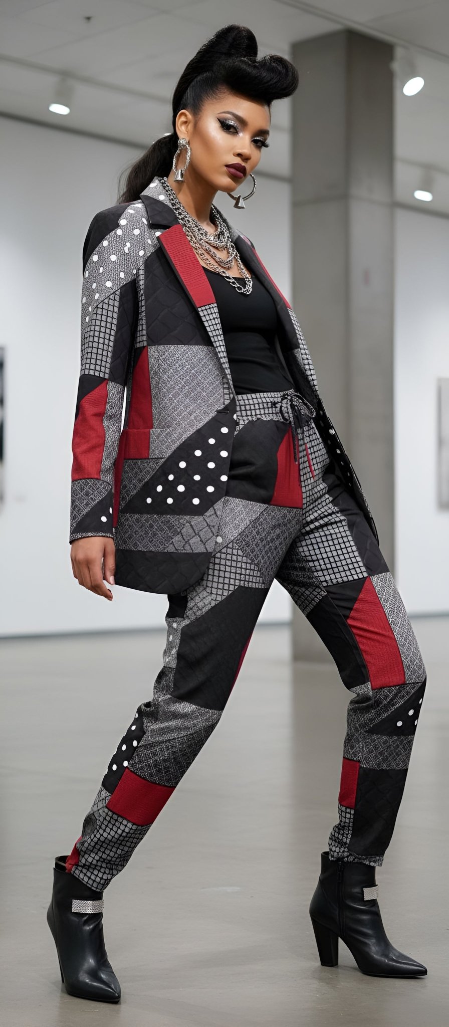 Red and black abstract wide-leg women's trousers with elastic drawstring waistband — additional view 7