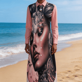 Pink button-up long-sleeve shirt dress with split hem and all-over silhouette print — product detail