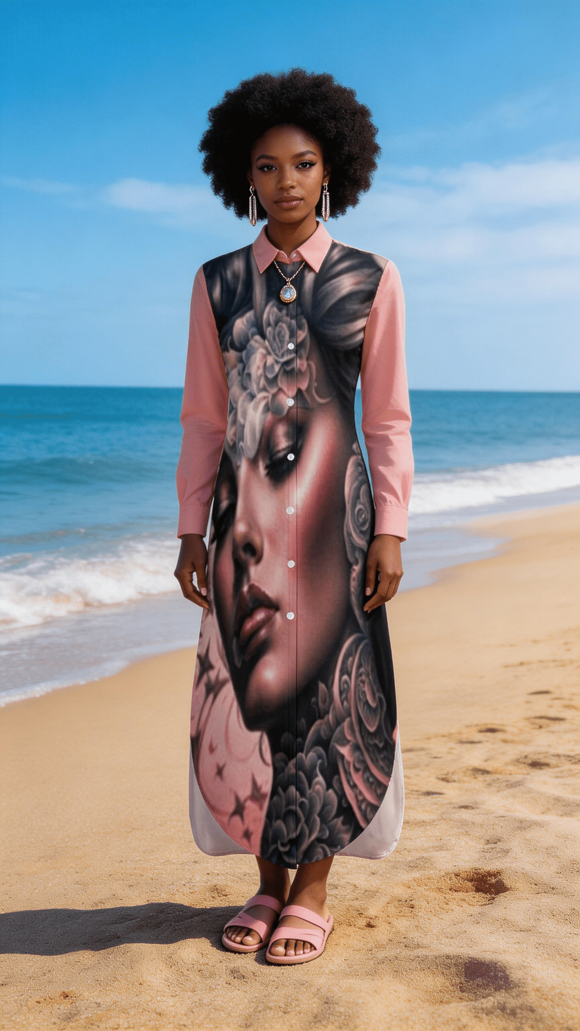 Pink button-up long-sleeve shirt dress with split hem and all-over silhouette print — product detail