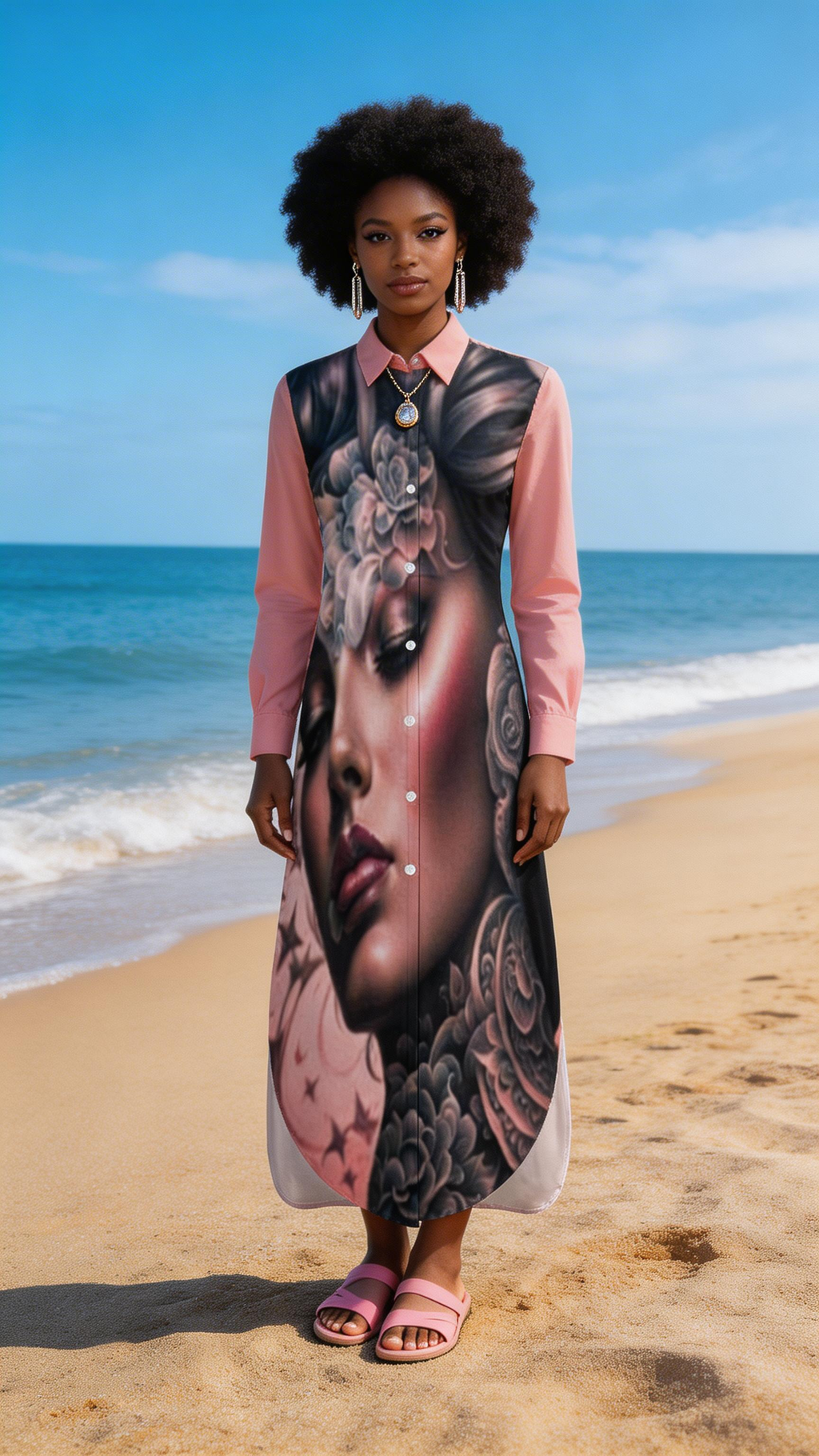 Rich and Rich Pink Silhouette  Button-Up Long Sleeved Shirt Dress