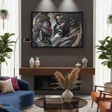 Framed canvas print of a couple in a pine floating frame with attached hanging hardware and corner pads