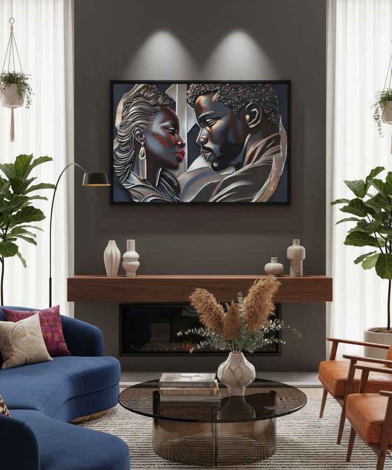 Framed canvas print of a couple in a pine floating frame with attached hanging hardware and corner pads