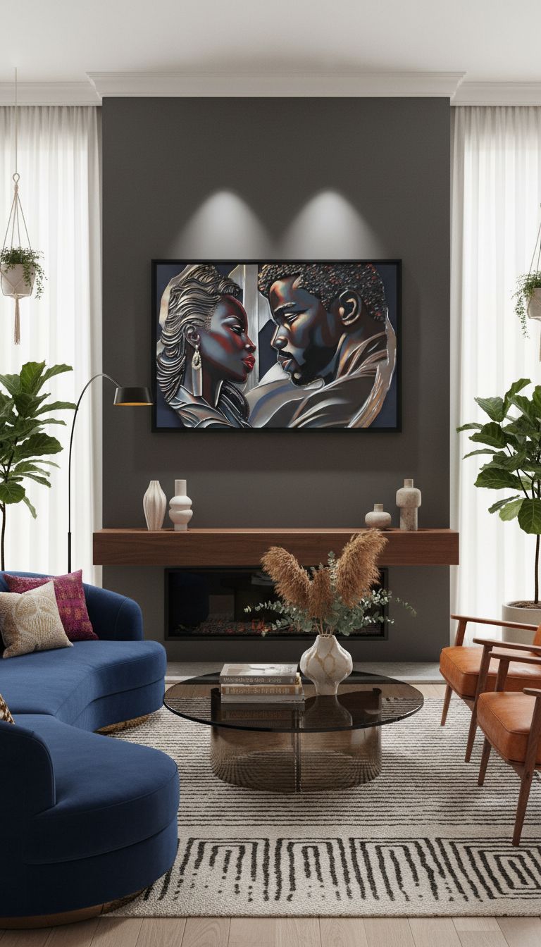 Rich and Rich Couple framed canvas wall art with pine tree frame hanging on white wall