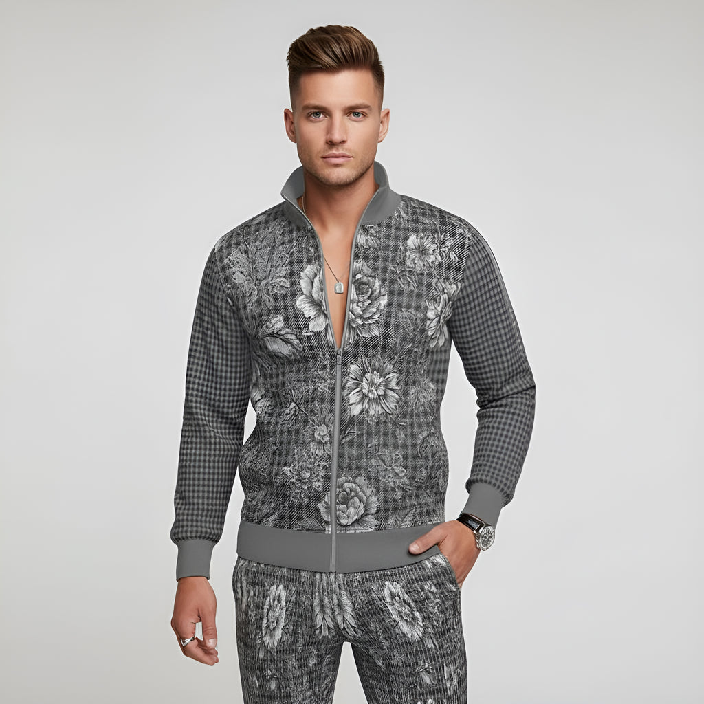 Rich and Rich Men's Gray Floral Tracksuit Jacket with floral pattern on gray fabric