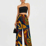 Blue multicolor women's relaxed straight-leg pants with elastic waistband and side pockets — alternate view