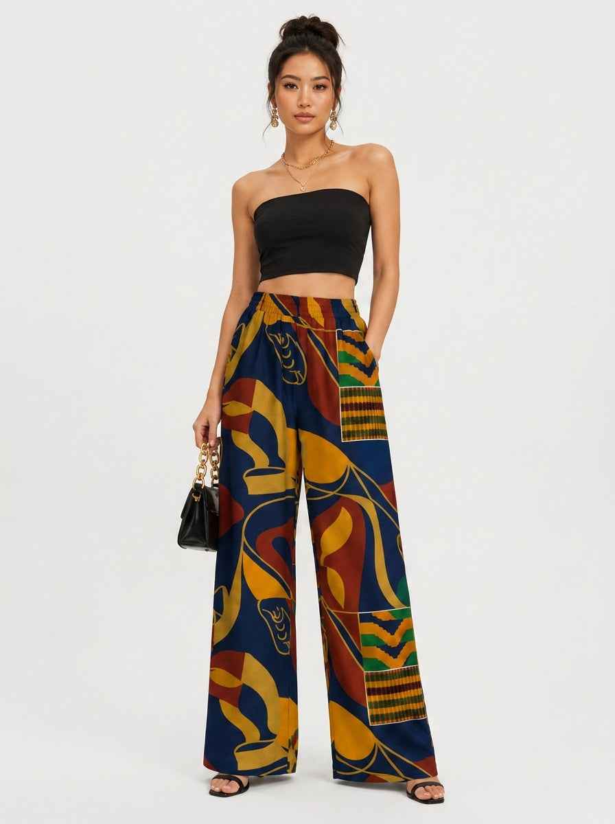 Rich and Rich Blue Multicolor Women's Loose Pants Without Drawstring - Rich and Rich Homeopportunities