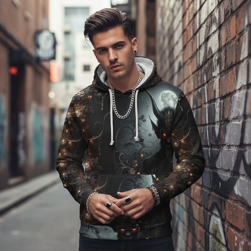 Mystical Fantasy Unisex Pullover Hoodie with vibrant all-over night sky graphic print