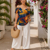 Women's blue multicolor pants set with off-shoulder V-neck top and navy blazer — additional view 11