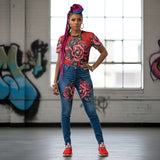 Red women's t-shirt with roses and diamonds all-over print in polyester mesh