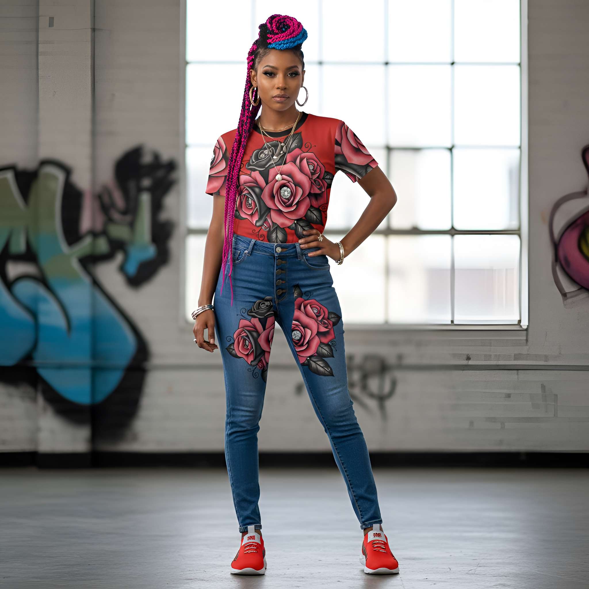 Red women's t-shirt with roses and diamonds all-over print in polyester mesh
