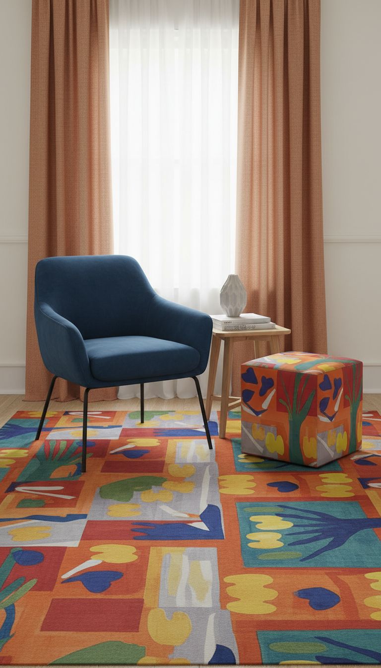 Orange abstract rug with velvet surface and anti-slip latex sponge backing — product detail