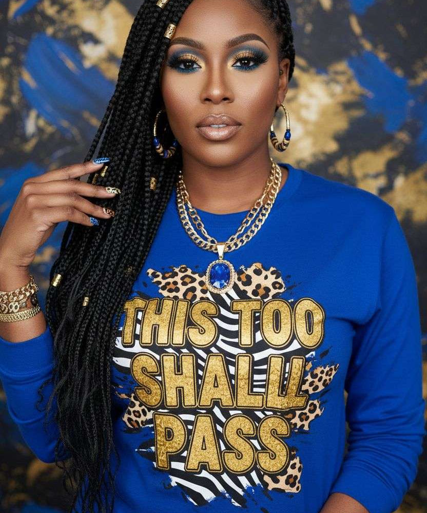 Soft crew neck sweater with "This Too Shall Pass" design in women's sizes