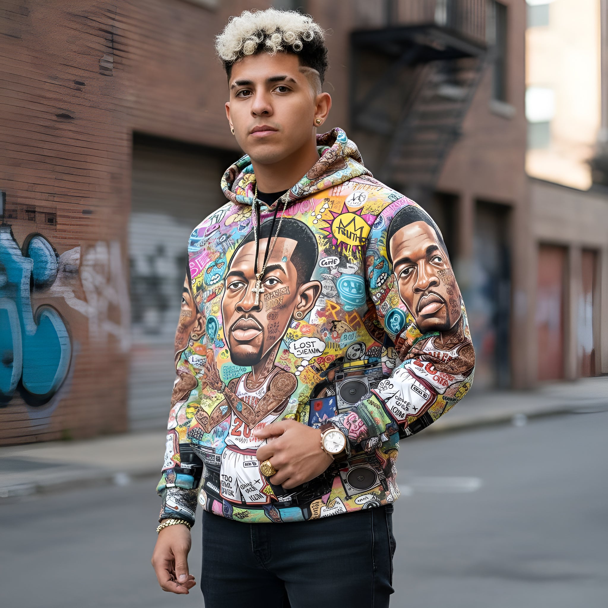 Rich and Rich Multicolor Basketball Man Caricature Men's Hoodie front view
