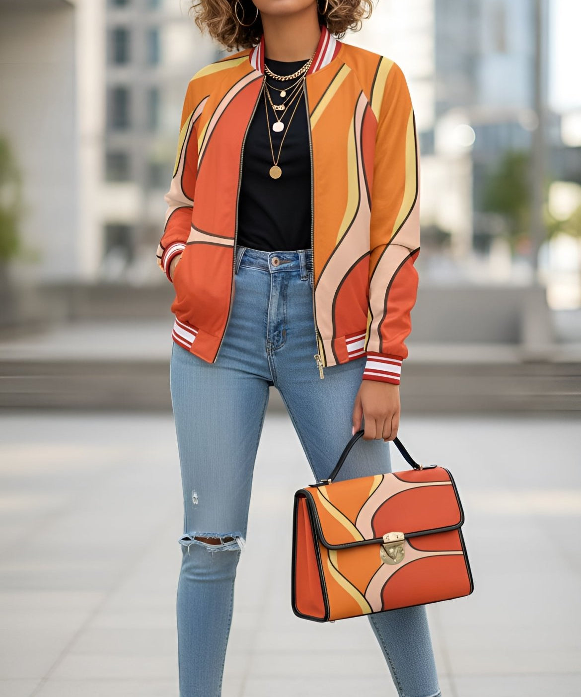 Orange abstract bomber jacket with canvas low-top shoes and a waterproof canvas tote with PU leather handles