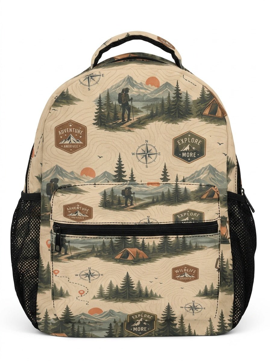 Beige 17-inch backpack with front pocket, mesh side pockets, padded straps, and orange buckle detail — additional view 13