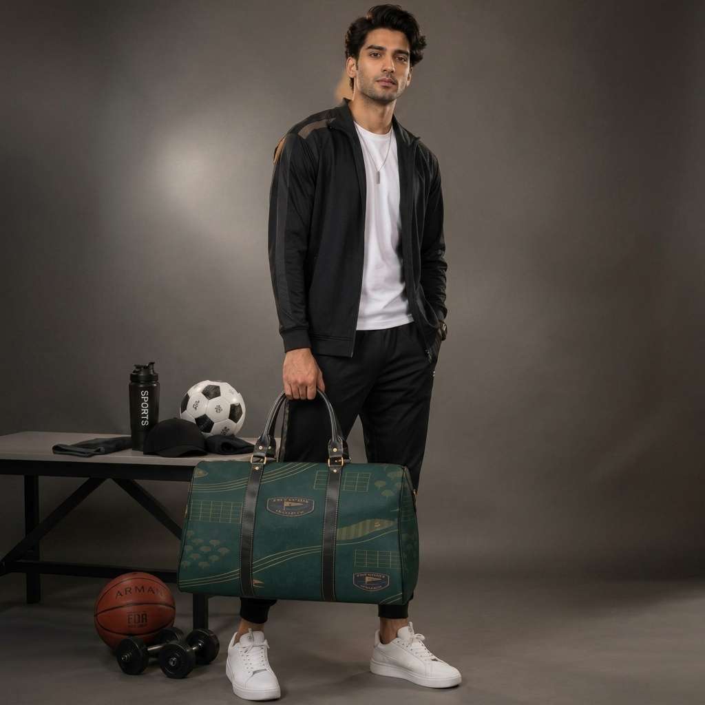 Green weekender duffel with PU leather handles, golf-inspired artwork, and a large main compartment