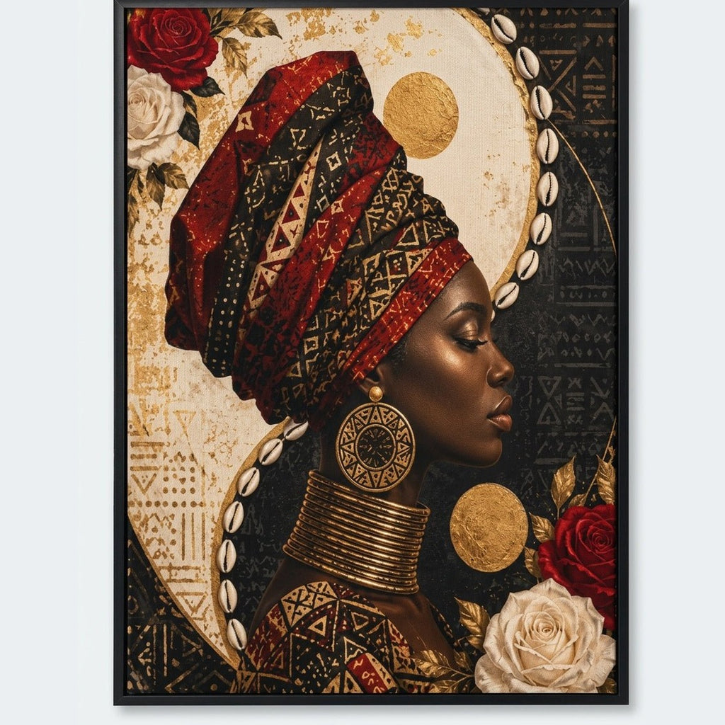 Rich and Rich Portrait of a Woman black framed canvas print with red gele and gold jewelry