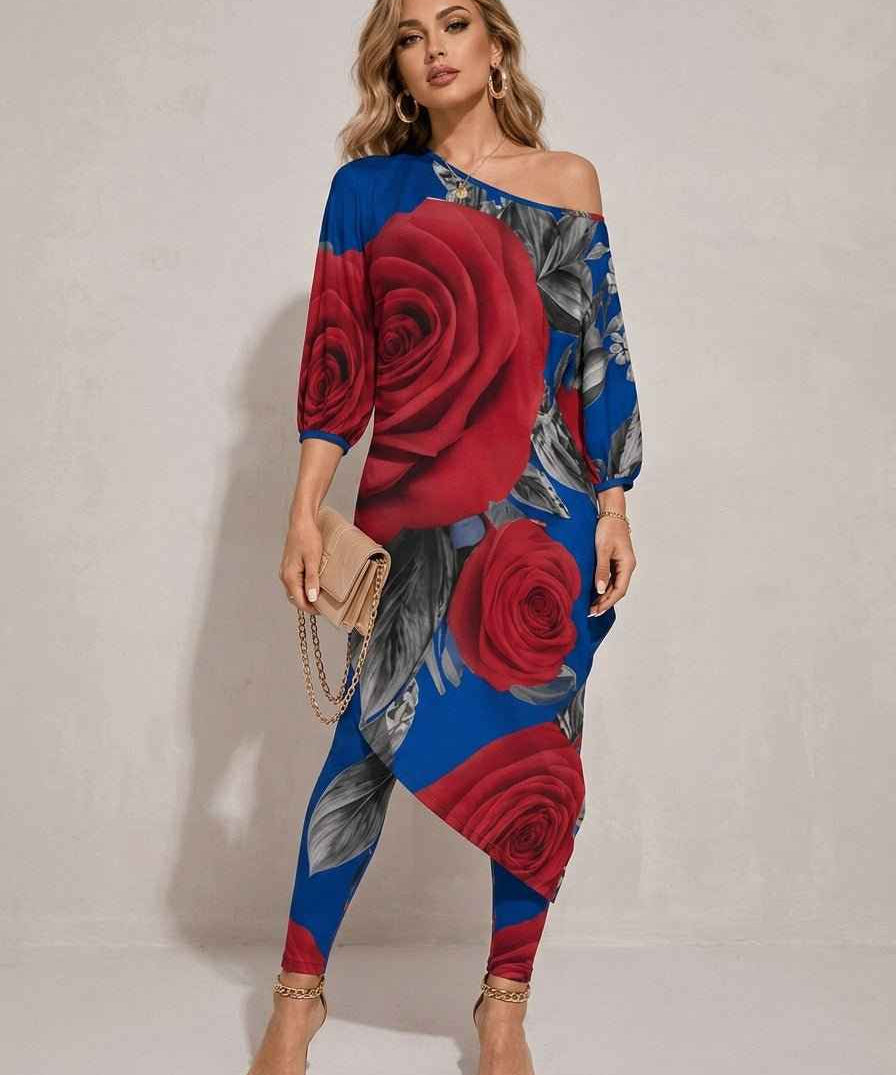 Royal blue and red rose off-shoulder two-piece set with diagonal floral print