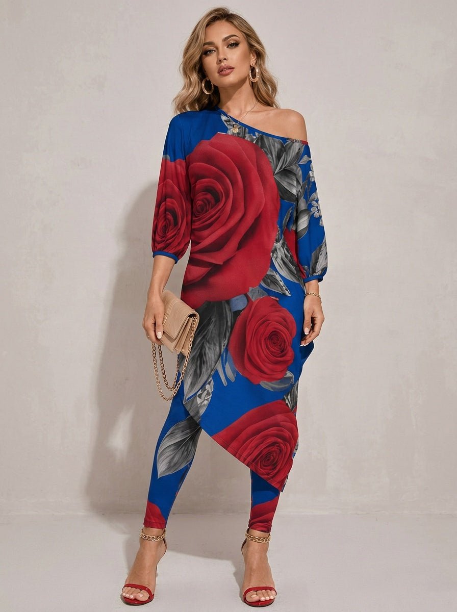 Rich and Rich Diagonal Royal Blue Red Rose Women's Off Shoulder Two-piece Set - Rich and Rich Homeopportunities