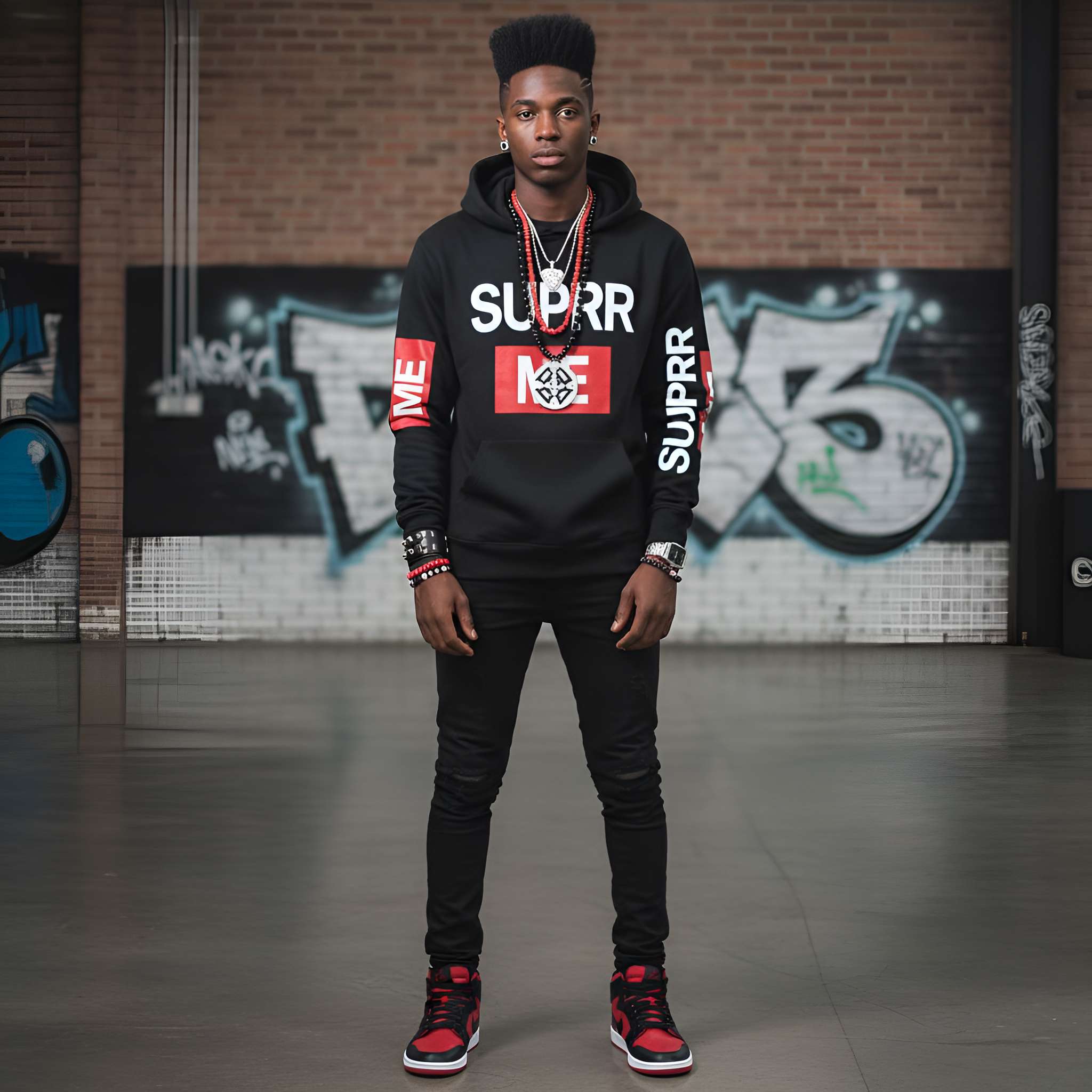 Men's black hoodie with SUPRR ME graphic, kangaroo pocket and ribbed cuffs