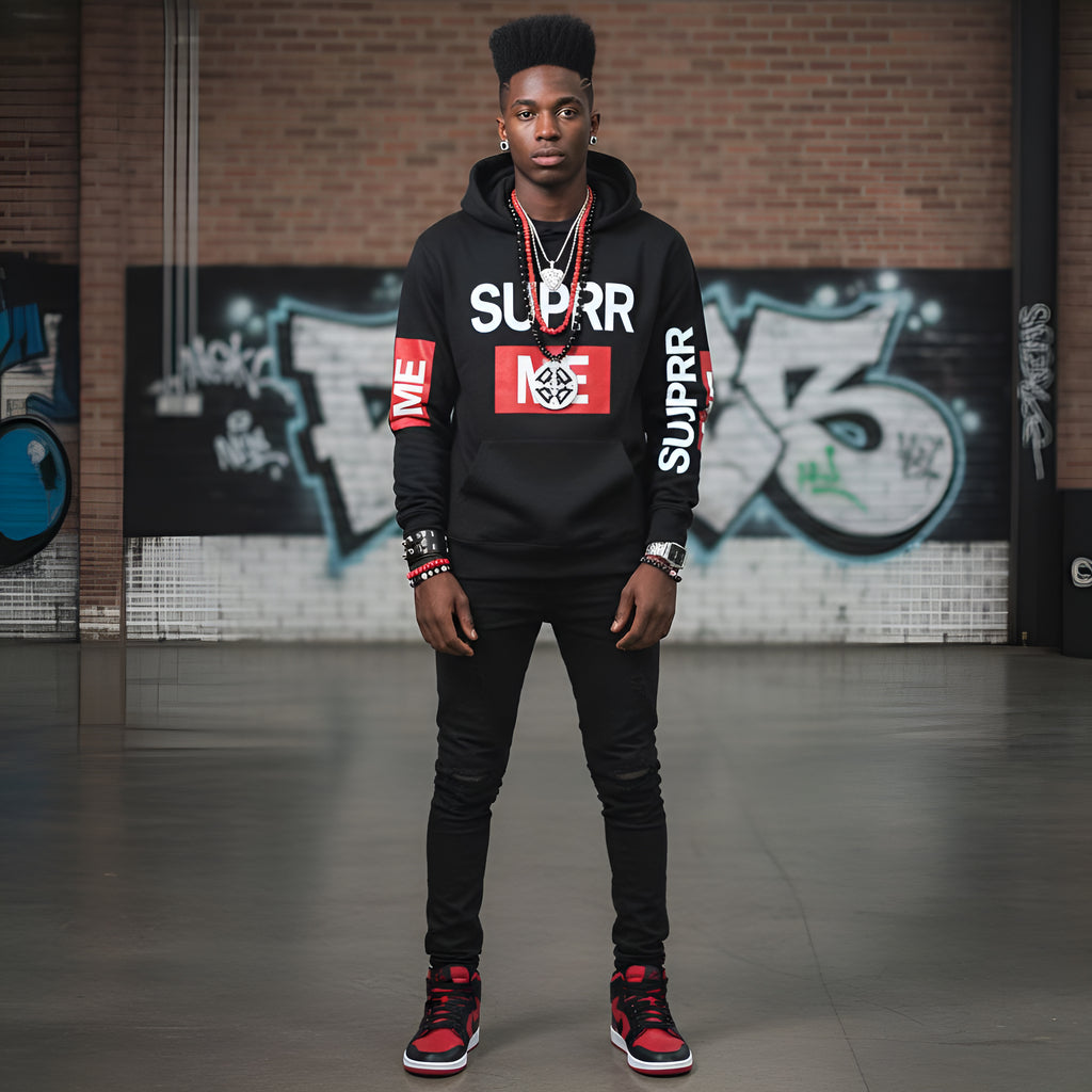 Rich and Rich SUPRR ME Men's Black Hoodie front view on model