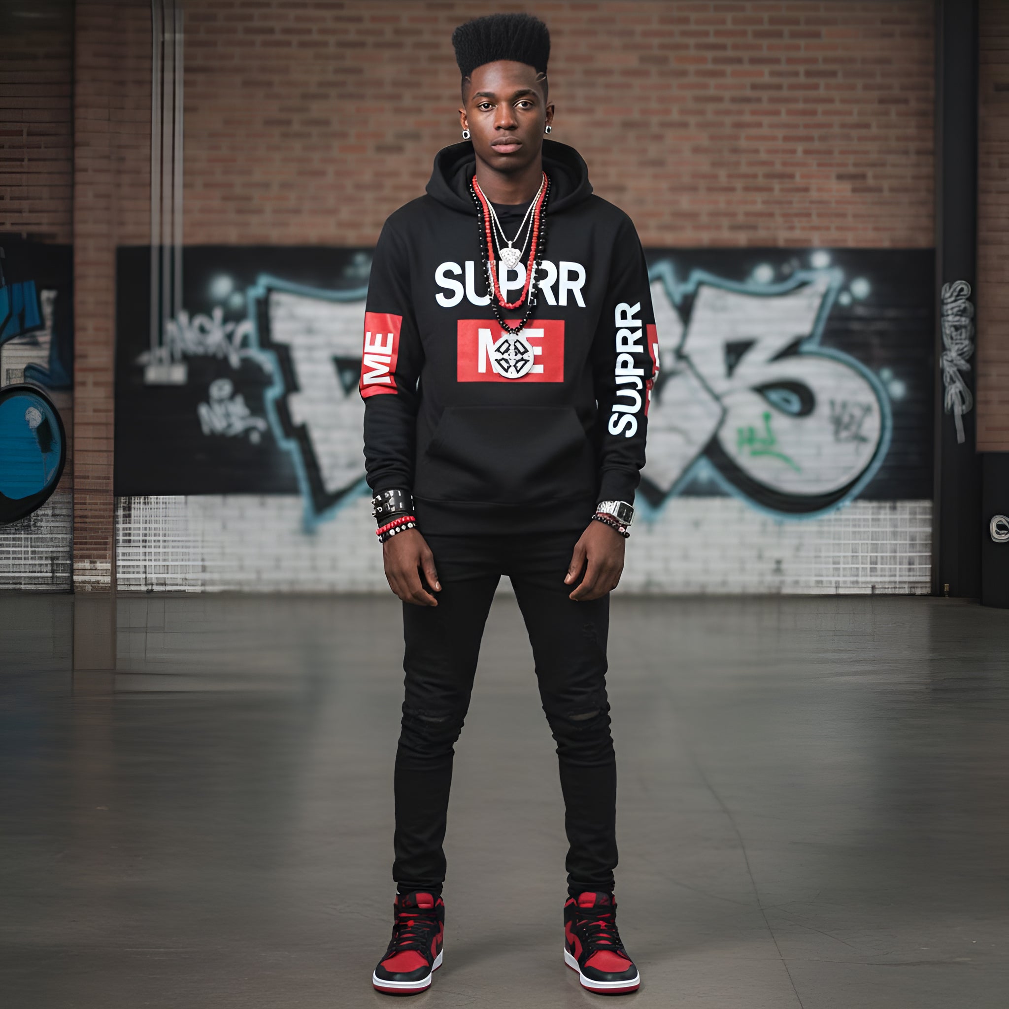 Rich and Rich SUPRR ME Men's Black Hoodie front view on model