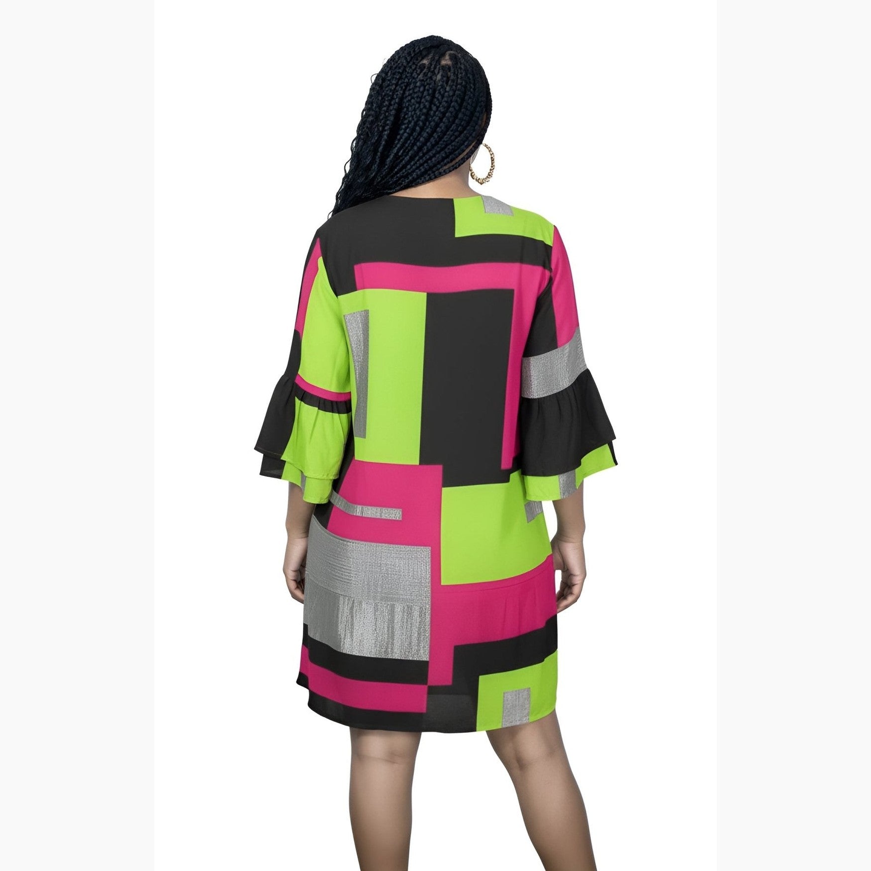 Women's V-neck short geometric floral dress with half sleeves and layered cuffs — alternate view
