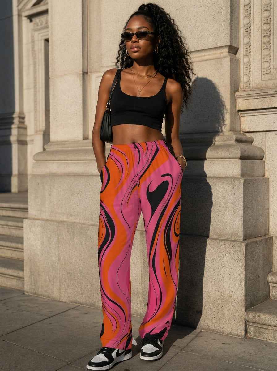 Rich and Rich Pink Swirl Women's Loose Pants Without Drawstring - Rich and Rich Homeopportunities
