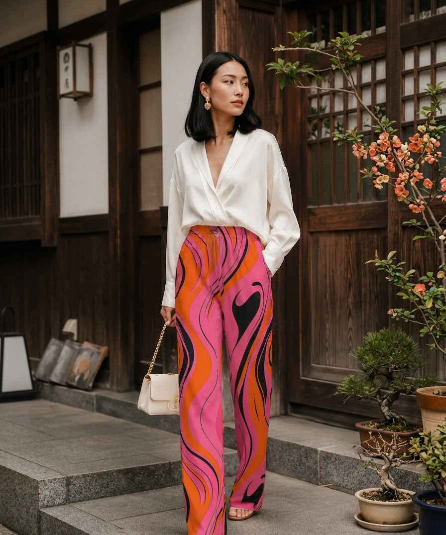 Pink swirl women's relaxed straight-leg pants with elastic waistband and side pockets