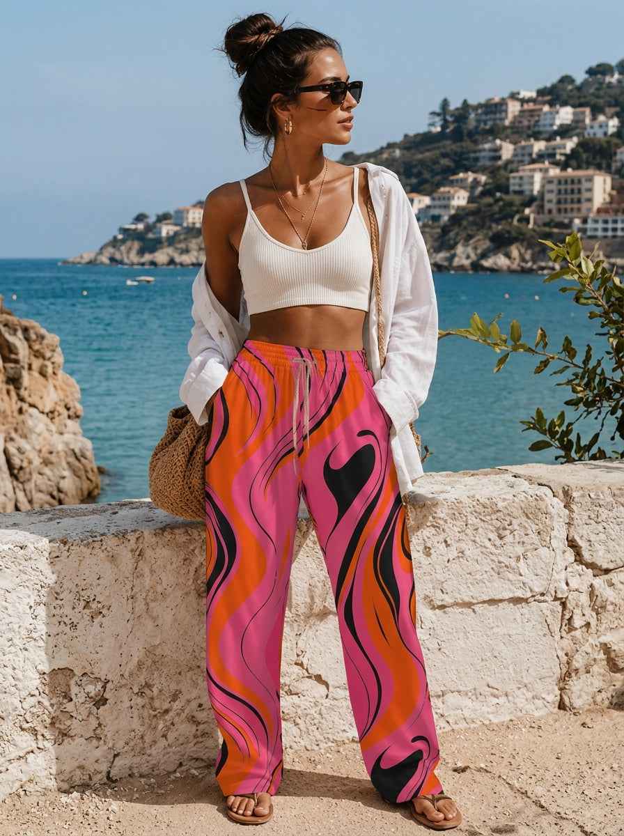 Rich and Rich Pink Swirl Women's Loose Pants Without Drawstring - Rich and Rich Homeopportunities