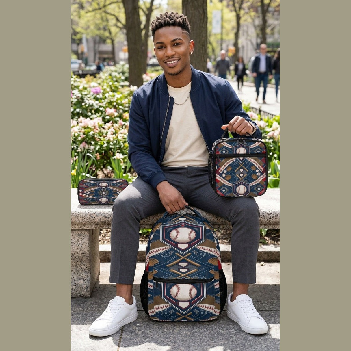 Blue baseball-themed three-piece backpack set with backpack, insulated lunch bag, and pencil case