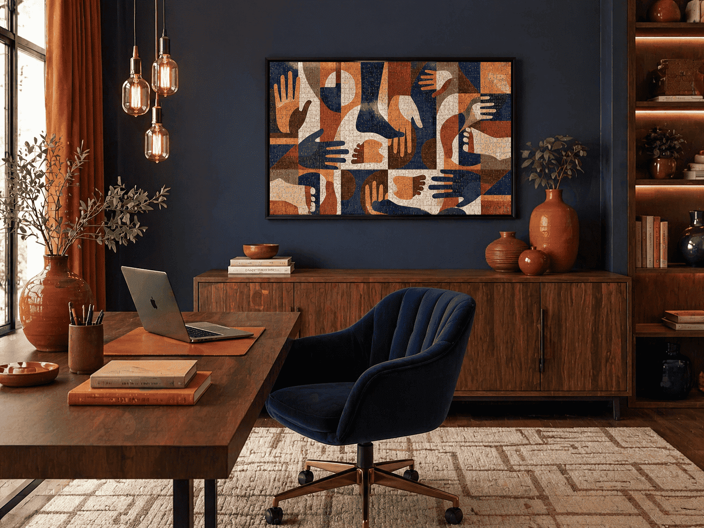 Abstract mosaic-style 1000-piece wooden puzzle featuring repeated colorful hand forms