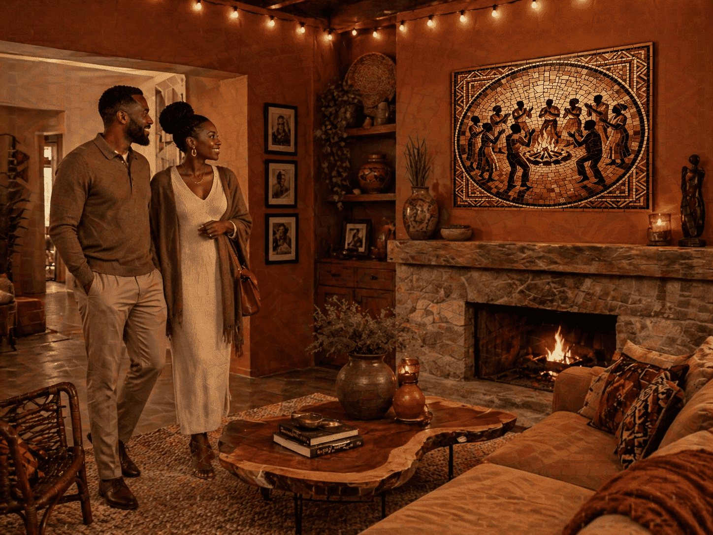 1000-piece wooden mosaic puzzle of figures dancing under firelight, warm tones