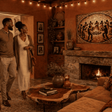 1000-piece wooden mosaic puzzle of figures dancing under firelight, warm tones