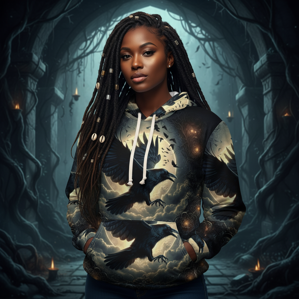 Mystical Raven Pullover Hoodie - Graphic Sweatshirt for Men and Women, Cozy Wear for Halloween, Goth Style, Gift for Bird Lovers