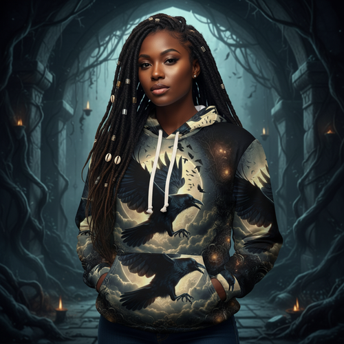 Mystical Raven Pullover Hoodie with vibrant all-over raven graphic, worn by men and women in cozy goth style