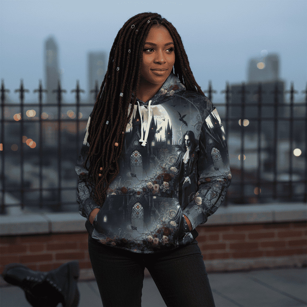 Unisex dark aesthetic pullover hoodie with gothic fantasy all-over print and kangaroo pocket