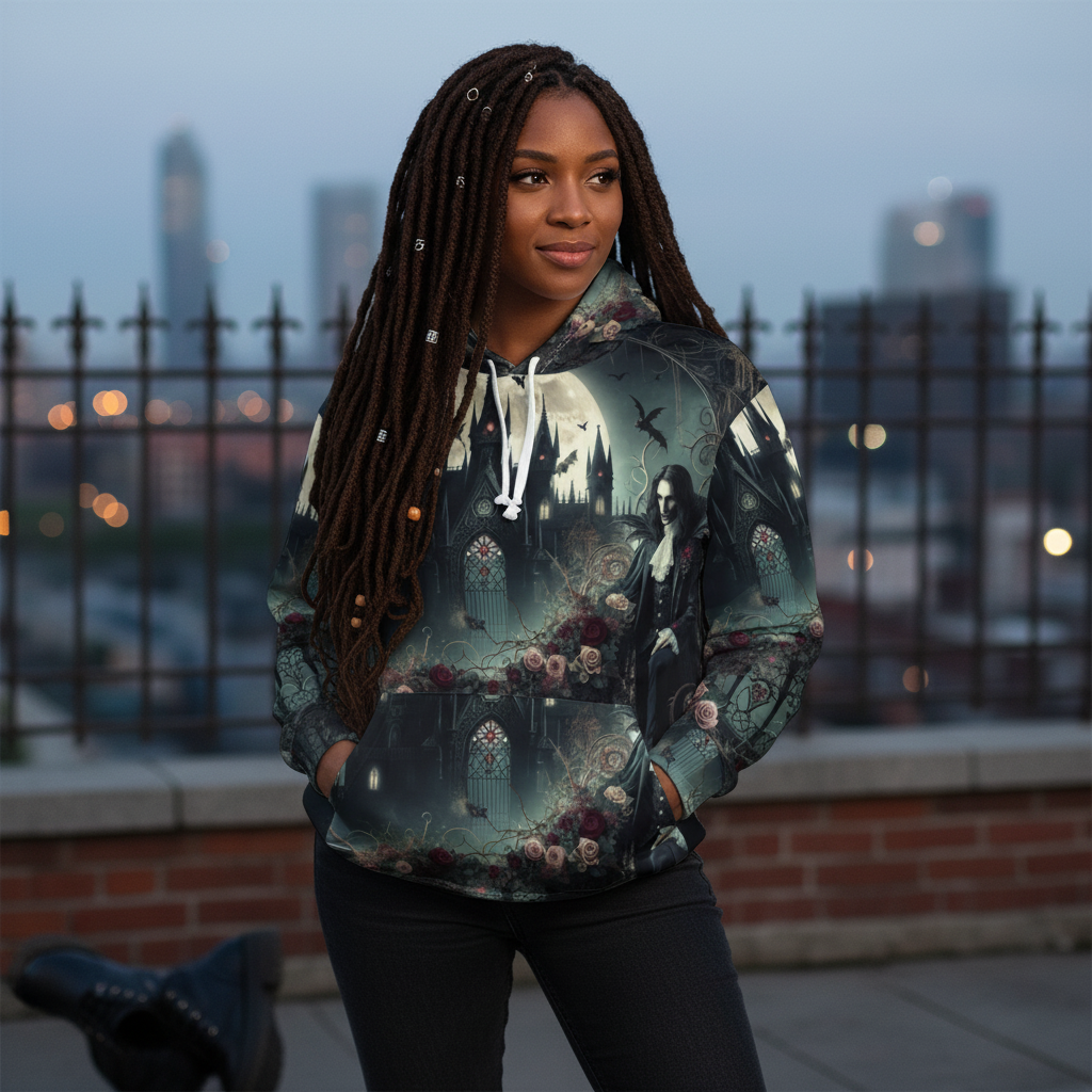 Gothic Fantasy Unisex Pullover Hoodie with dark aesthetic all-over print and adjustable hood