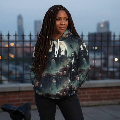 Gothic Fantasy Unisex Pullover Hoodie with dark aesthetic all-over print and adjustable hood