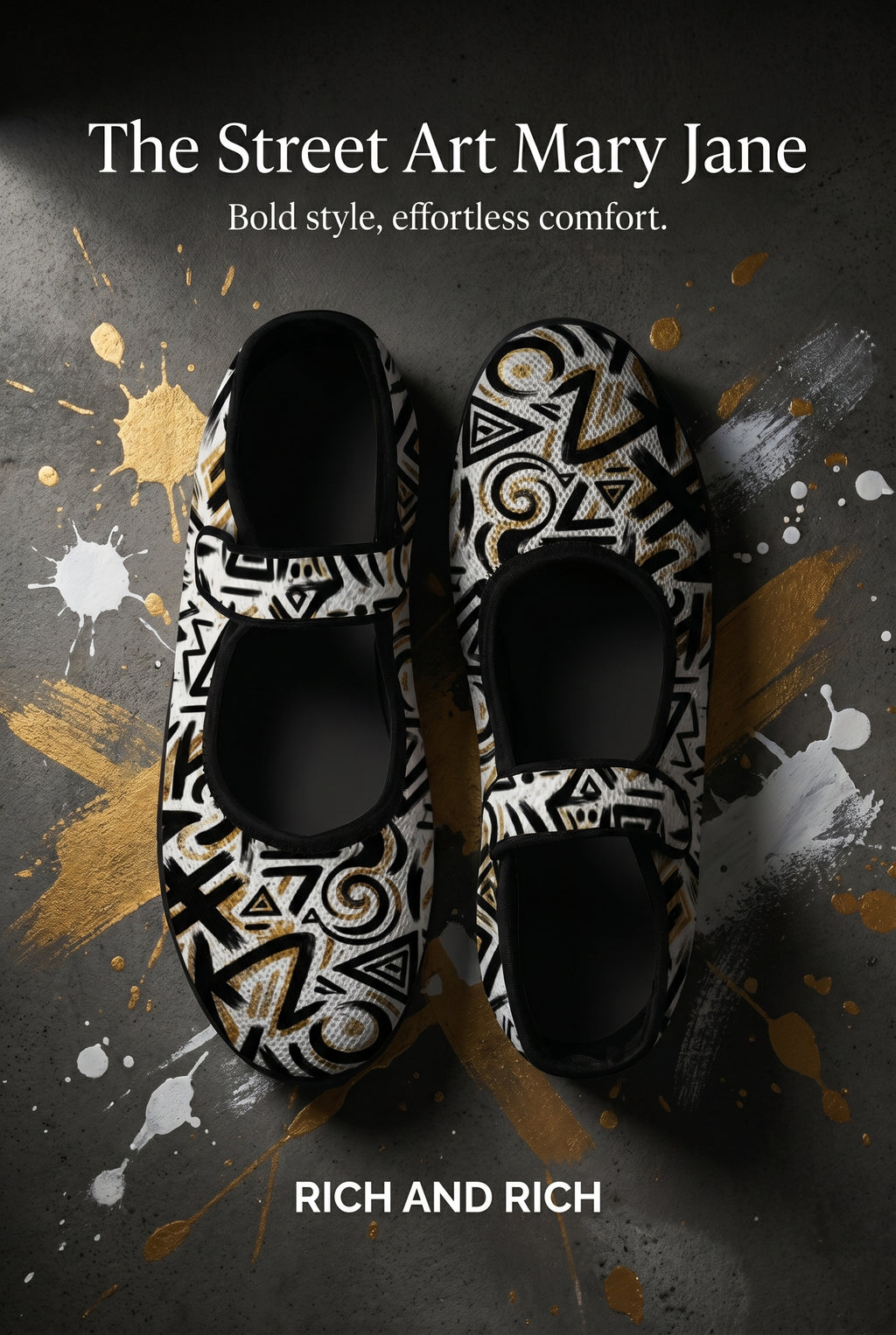 Rich and Rich Black Gold Street Art Women's Mary Jane's