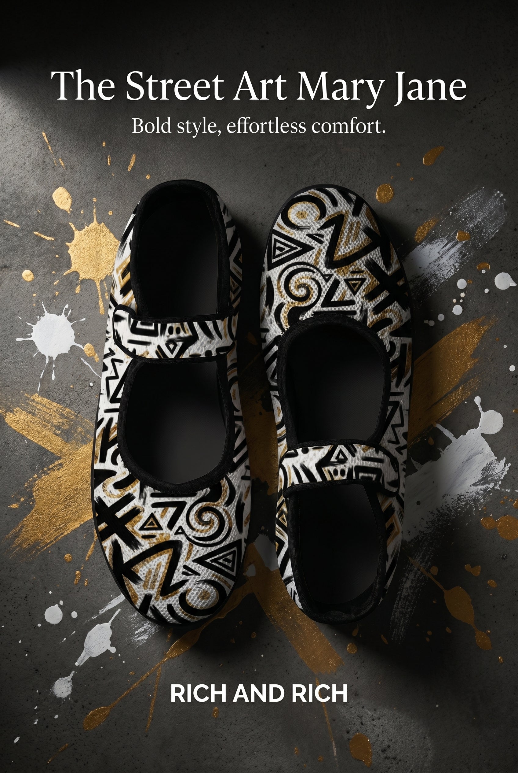Rich and Rich Black Gold Street Art Women's Mary Jane's