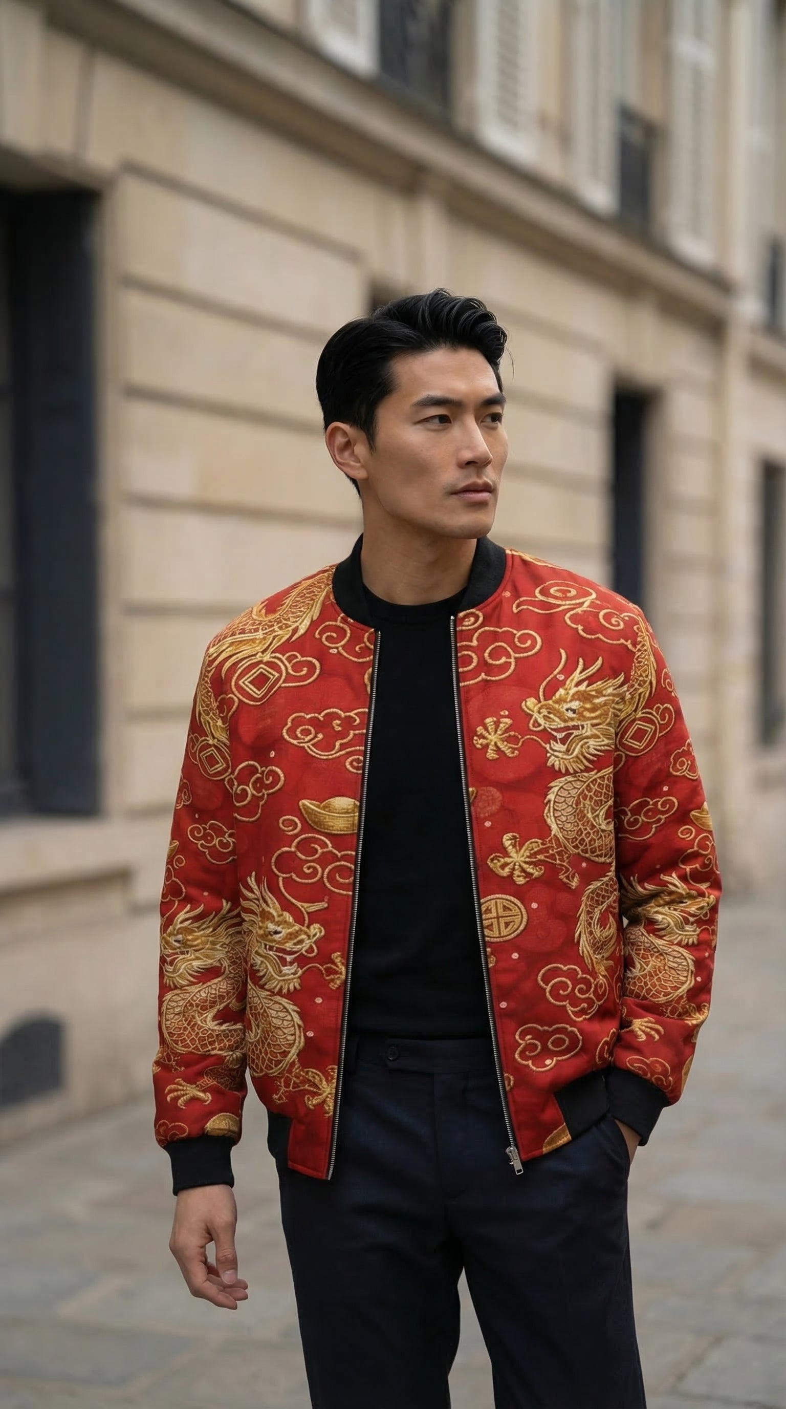 Rich and Rich Red Feng Shui Men's Bomber Jacket with classic fit and vibrant red color